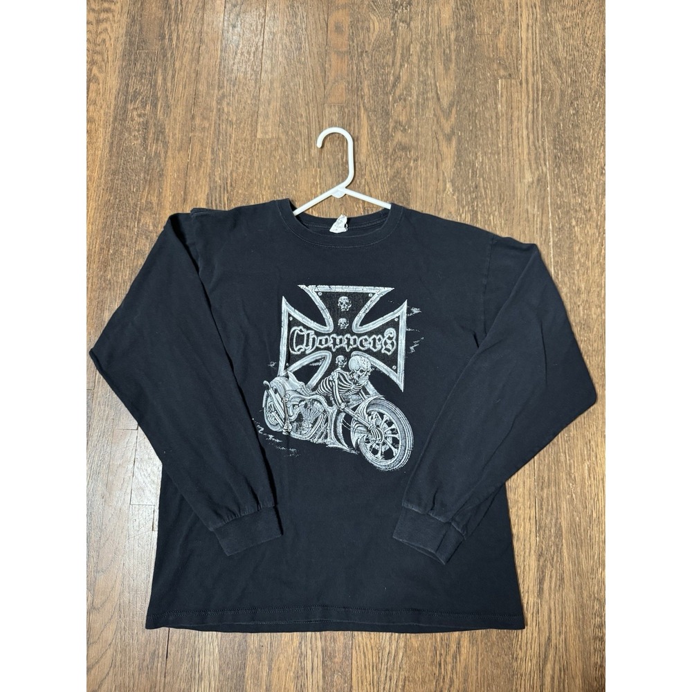 Vintage Anvil Choppers Skeleton Biker Long Sleeve T-Shirt Black Size L Y2K